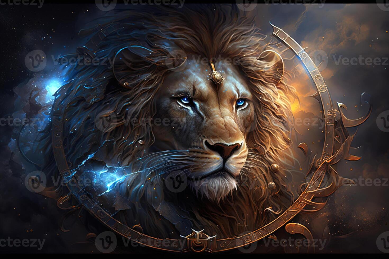 Backdrop of sacred zodiac Leo symbols, astrology, alchemy, magic, sorcery and fortune telling. digital painting. Zodiac sign Leo on the starry sky close up photo