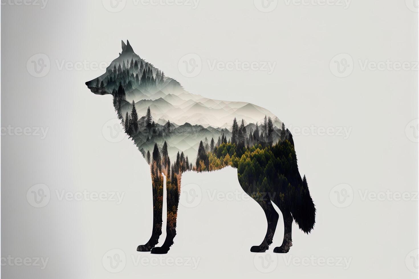 Double exposure of a wolf and jungle on white background. Camping concept. Vintage Grizzly for t-shirt design, sticker, poster, and wallpaper. photo