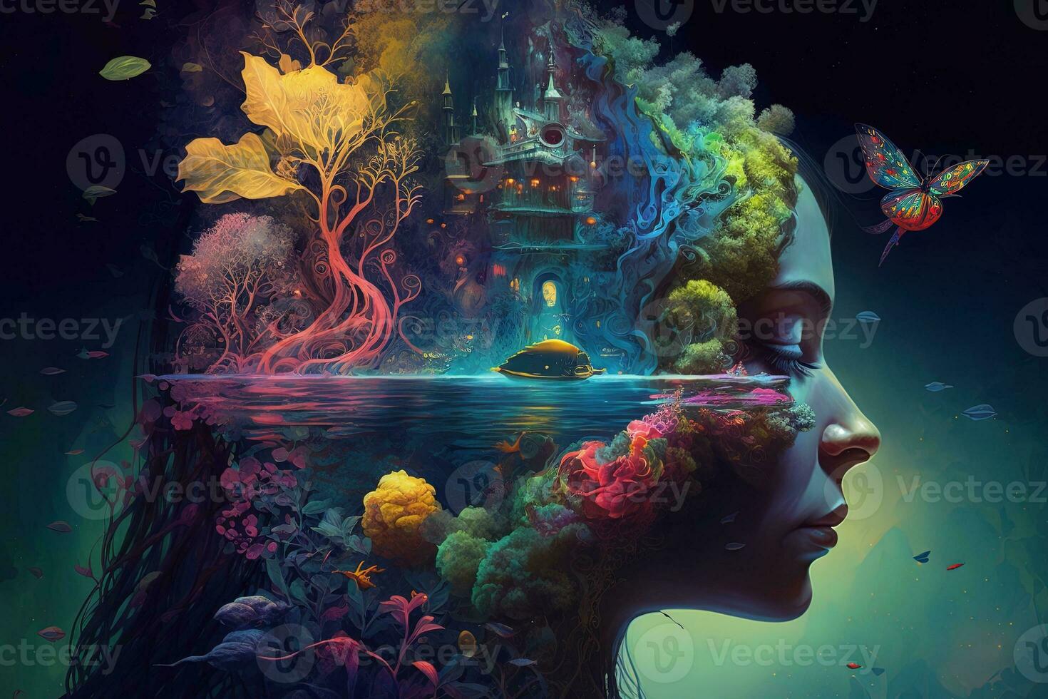 the mind lost deep in thought, thoughts of time and numbers, thoughts of a fantasy land with colorful plants and animals, surreal painting Generation AI photo