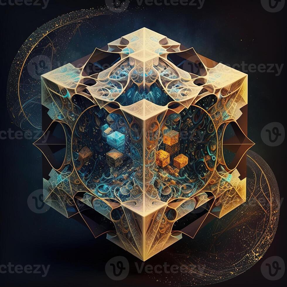 tesseract with fractal design in order and chaos. Abstract multiverse world with cubic . Creative surreal earth environment by puzzle artwork construction photo