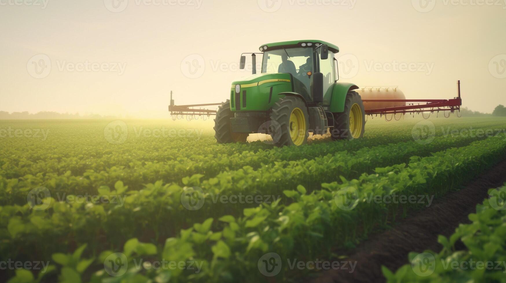 , Tractor spraying a field, Farm landscape, agricultural beautiful countryside, country road. Nature Illustration, photorealistic top view horizontal banner. photo