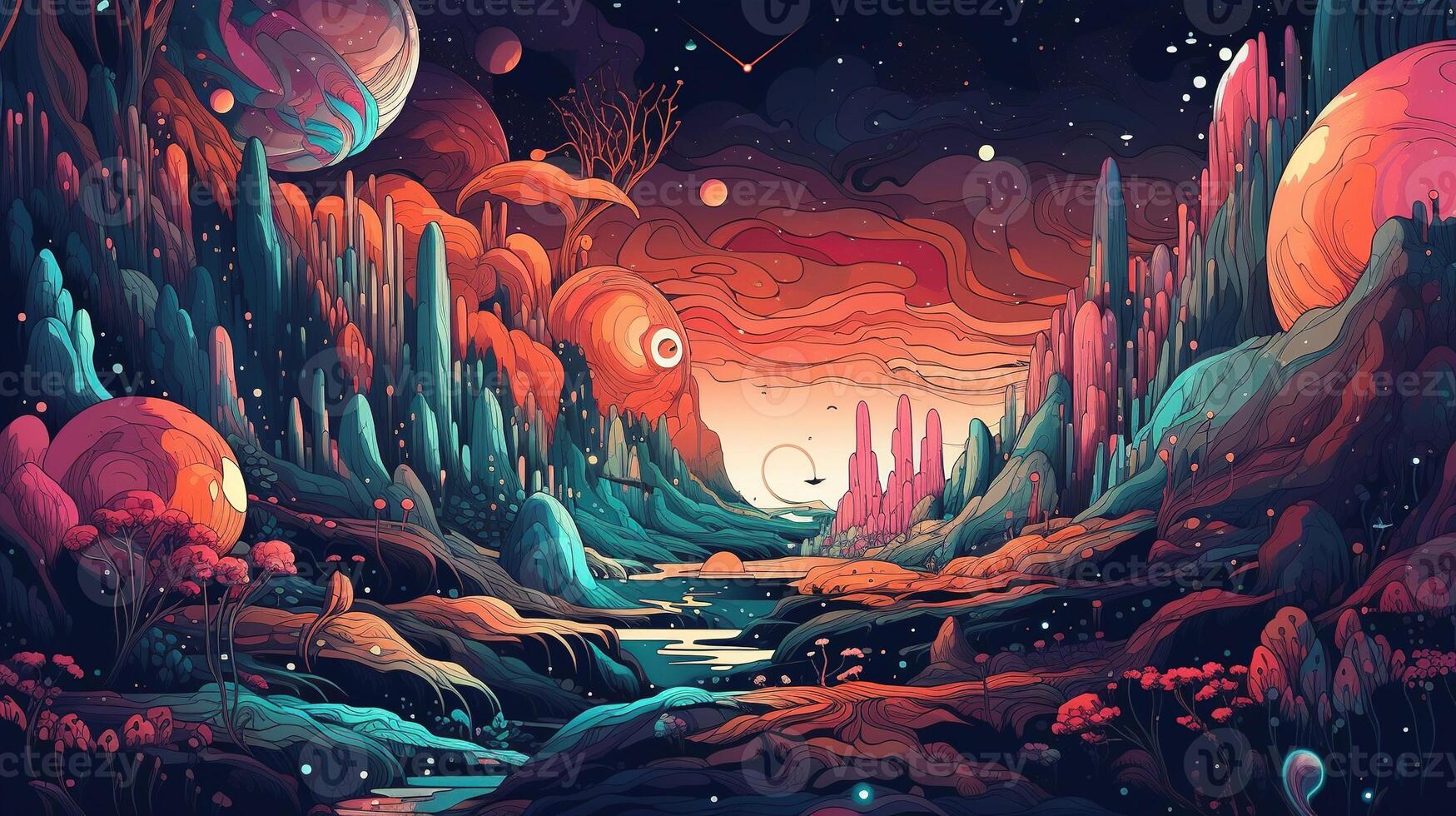 , Psychedelic Space banner template in anime manga line art style. Horizontal illustration of the future landscape with mountains, planets, trees, moon. Surrealist escapism concept. photo