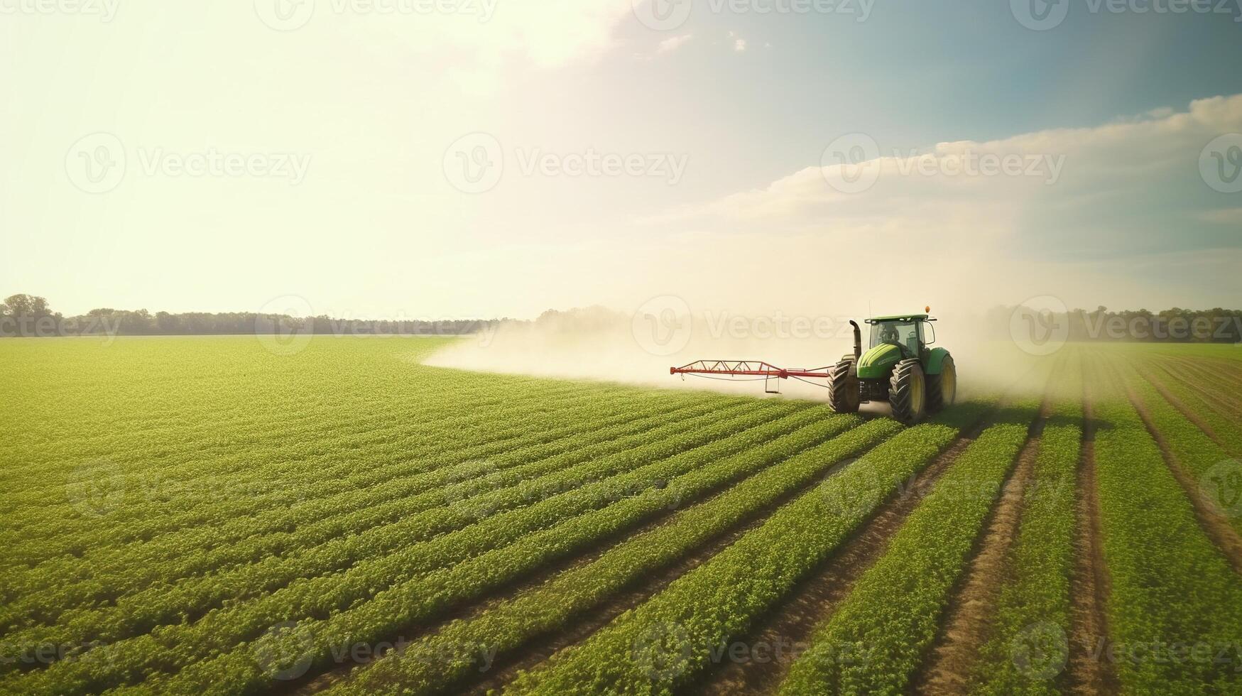 , Tractor spraying a field, Farm landscape, agricultural beautiful countryside, country road. Nature Illustration, photorealistic top view horizontal banner. photo