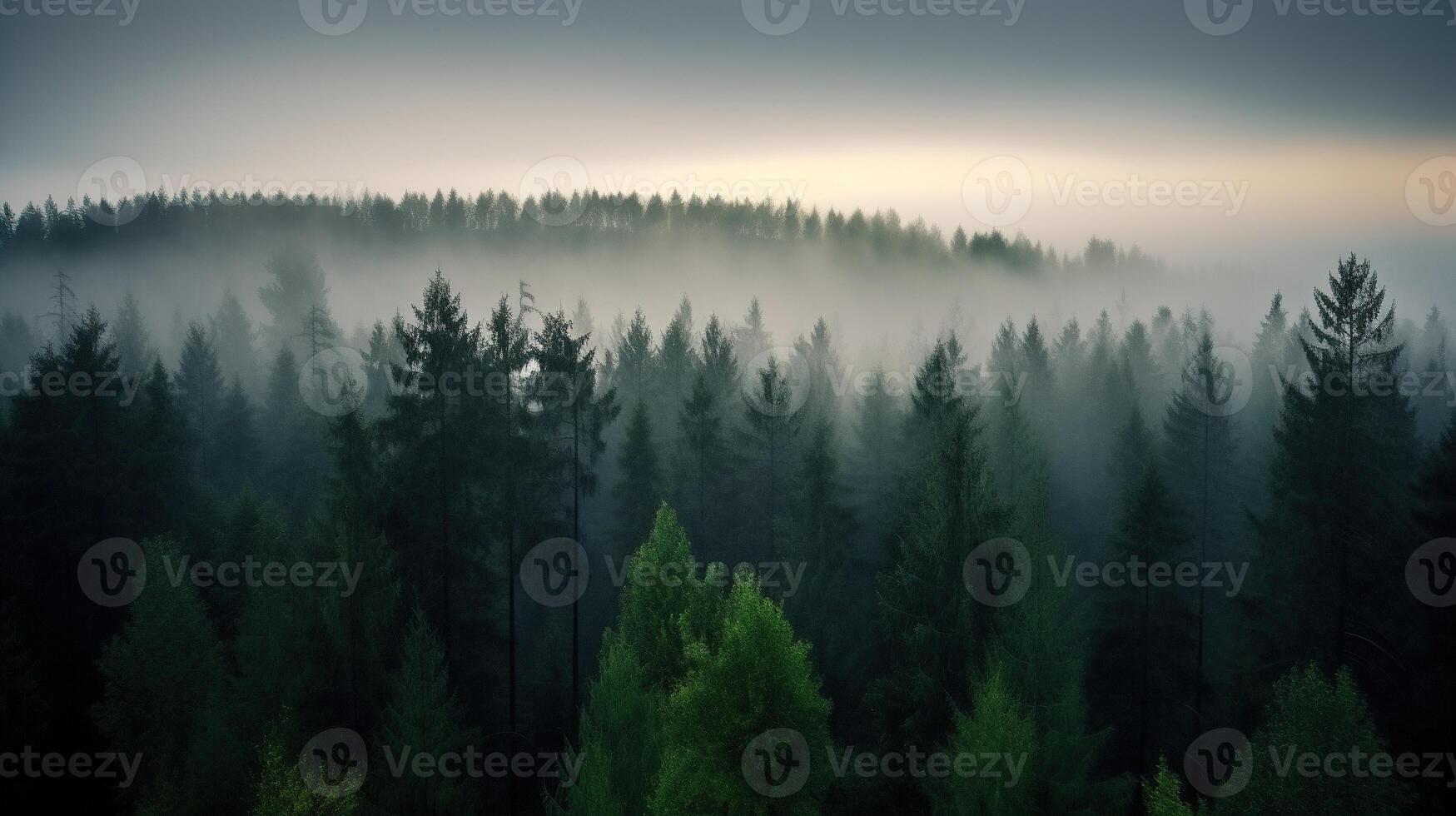 , Misty fir forest beautiful landscape in hipster vintage retro style, foggy mountains and trees photo