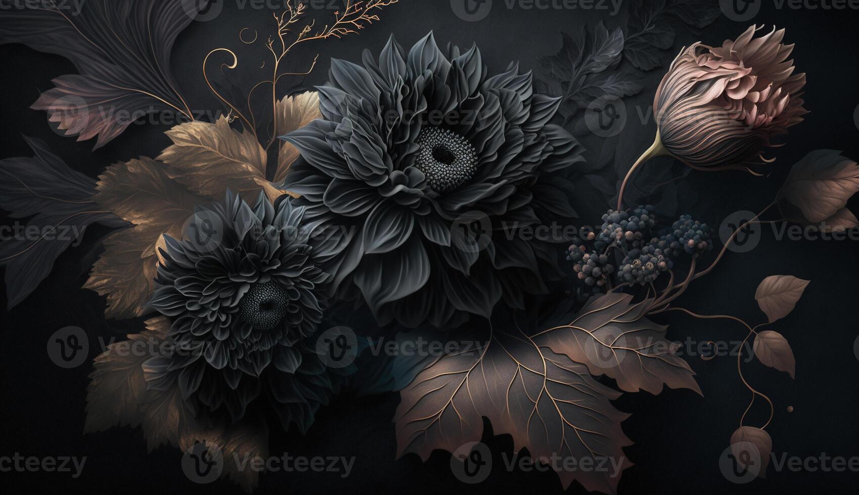 , Close up of blooming flowerbeds of amazing black flowers on dark gothic moody floral textured background. Photorealistic effect. photo