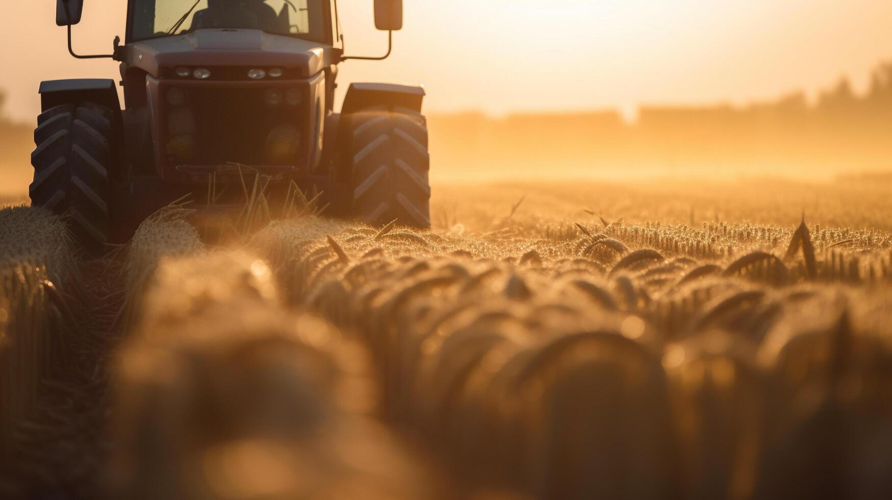 , closeup modern combine harvester on a wheat field, farm landscape, agricultural beautiful countryside. Nature Illustration, photorealistic horizontal banner. photo