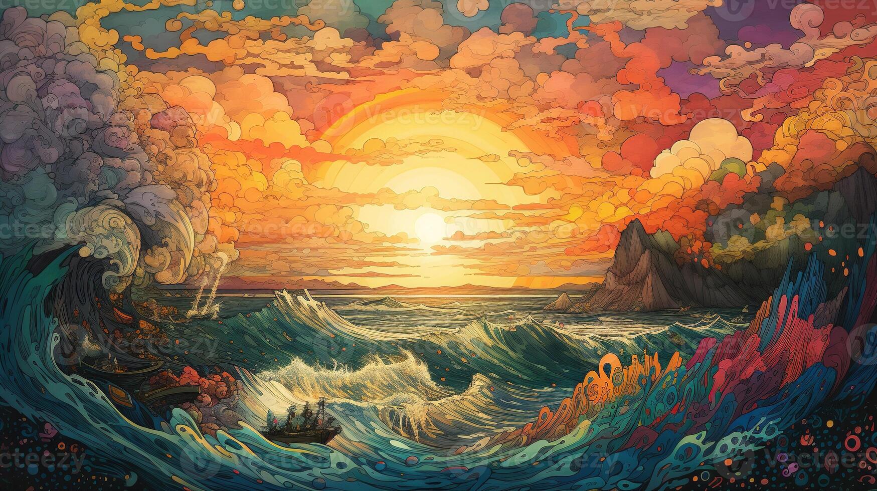 , ocean in the sunset linear illustration, psychedelic manga style, highly detailed. Anime colorful style photo