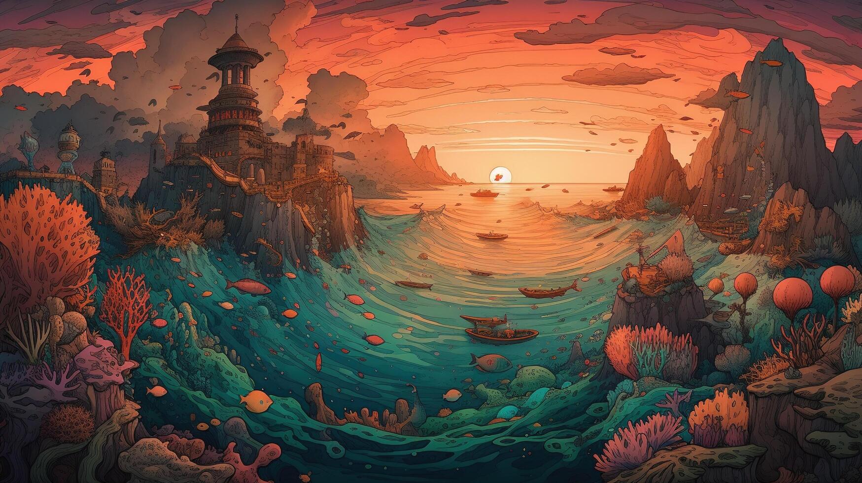 , ocean in the sunset linear illustration, psychedelic manga style, highly detailed. Anime colorful style photo