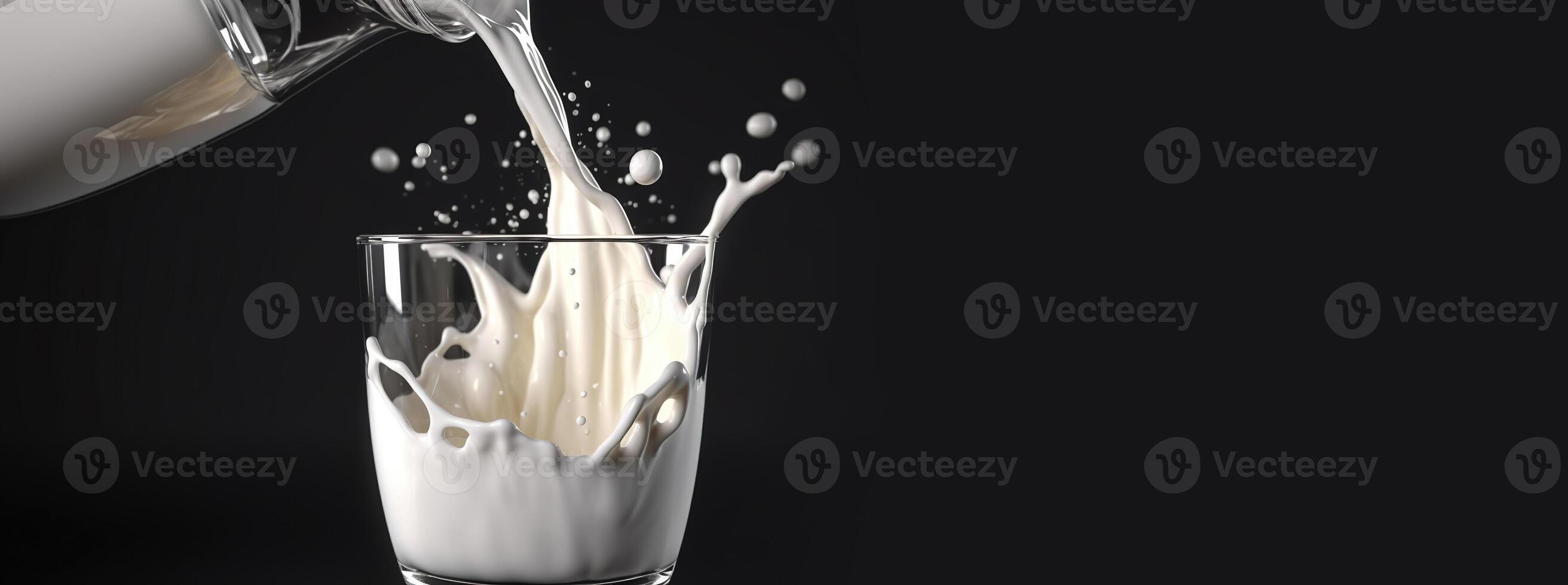 , Flowing liquid with splashes in white color. Glossy creamy milk fluid banner, 3D effect, modern macro photorealistic abstract background illustration. photo