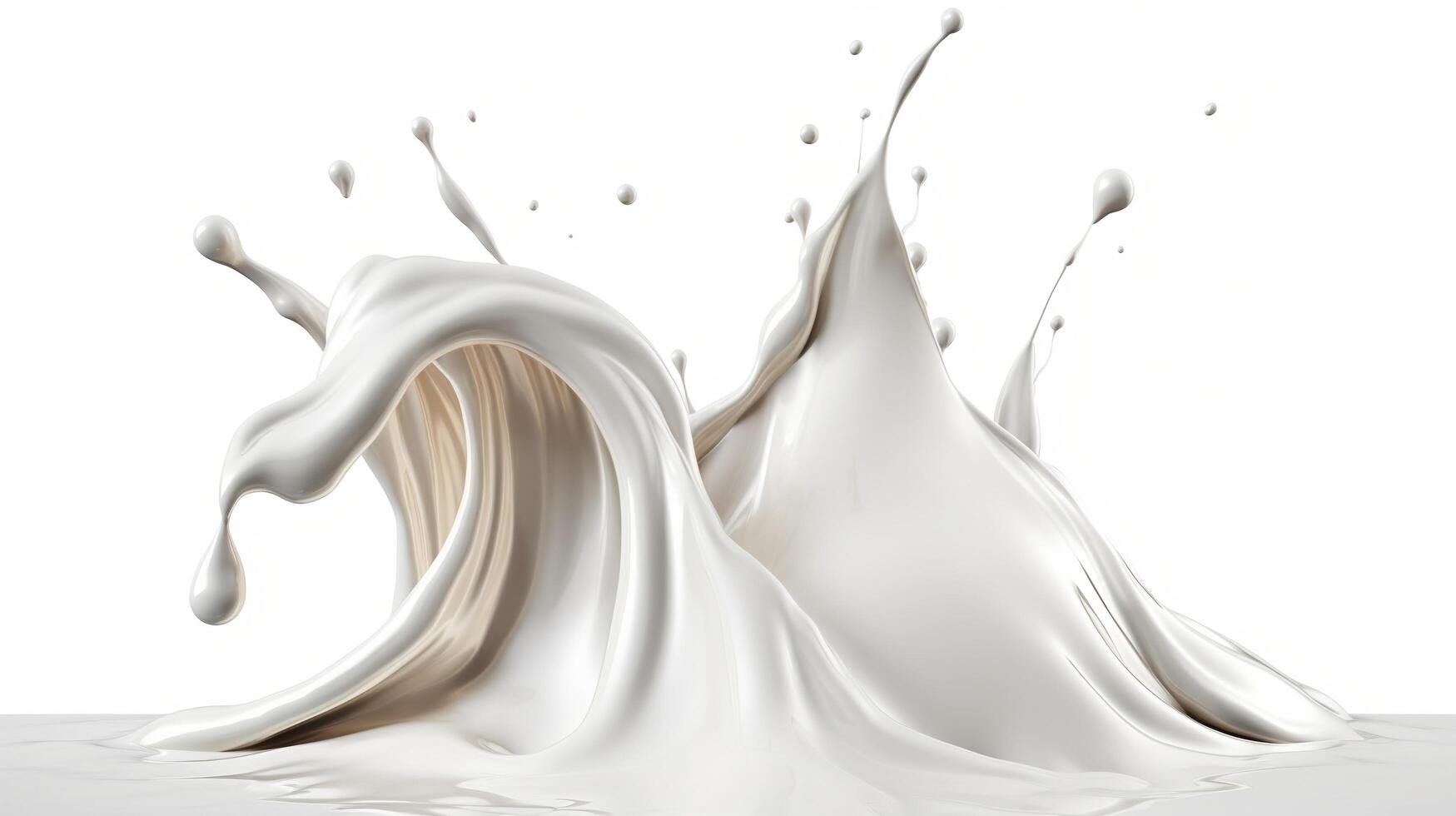 , Flowing liquid with splashes in white color. Glossy creamy milk fluid banner, 3D effect, modern macro photorealistic abstract background illustration. photo