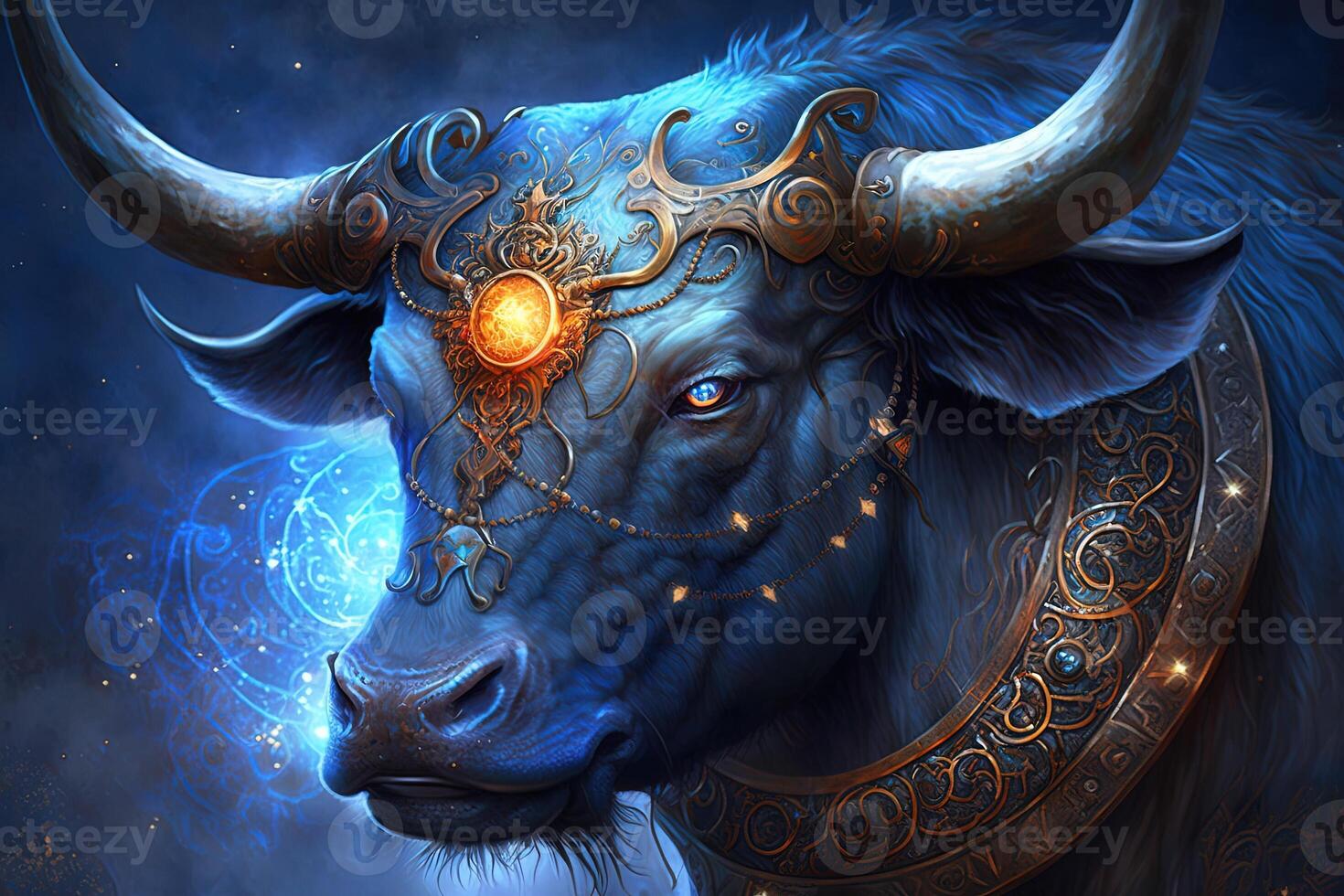Backdrop of sacred zodiac Taurus symbols, astrology, alchemy, magic, sorcery and fortune telling. digital painting. Zodiac sign Taurus on the starry sky close up photo