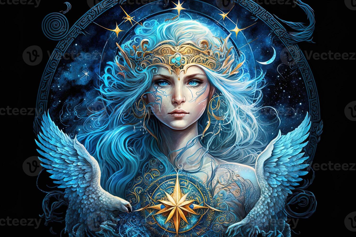 Backdrop of sacred zodiac Virgo symbols, astrology, alchemy, magic, sorcery and fortune telling. digital painting. Zodiac sign Virgo on the starry sky close up photo