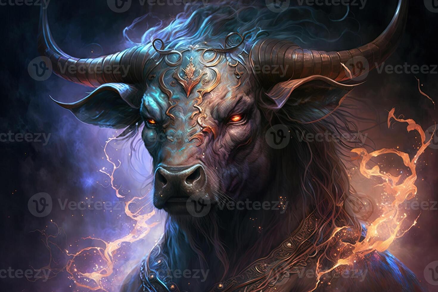 Backdrop of sacred zodiac Taurus symbols, astrology, alchemy, magic, sorcery and fortune telling. digital painting. Zodiac sign Taurus on the starry sky close up photo