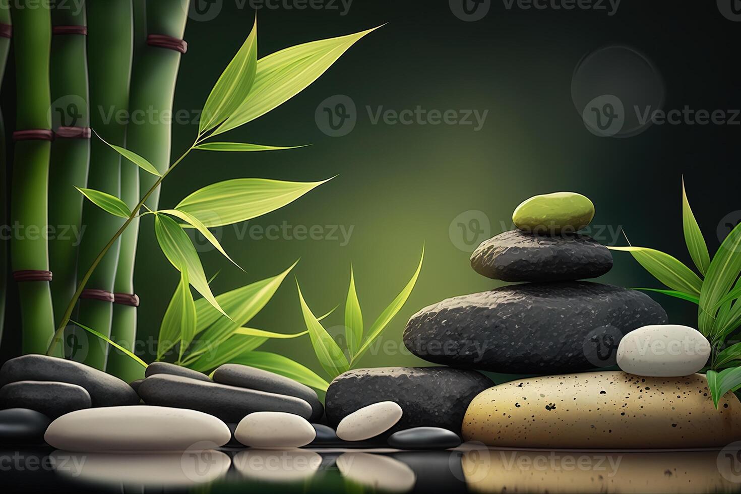 Bamboo and stones in a wellness spa. . Zen Stones and Bamboo on the water. relax, enjoy at spa concept photo