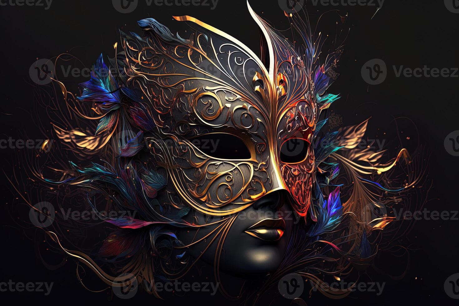 festive carnival mask with rich decoration, attributes of the Brazilian carnival. Venetian carnival mask and beads decoration. Mardi gras background. photo