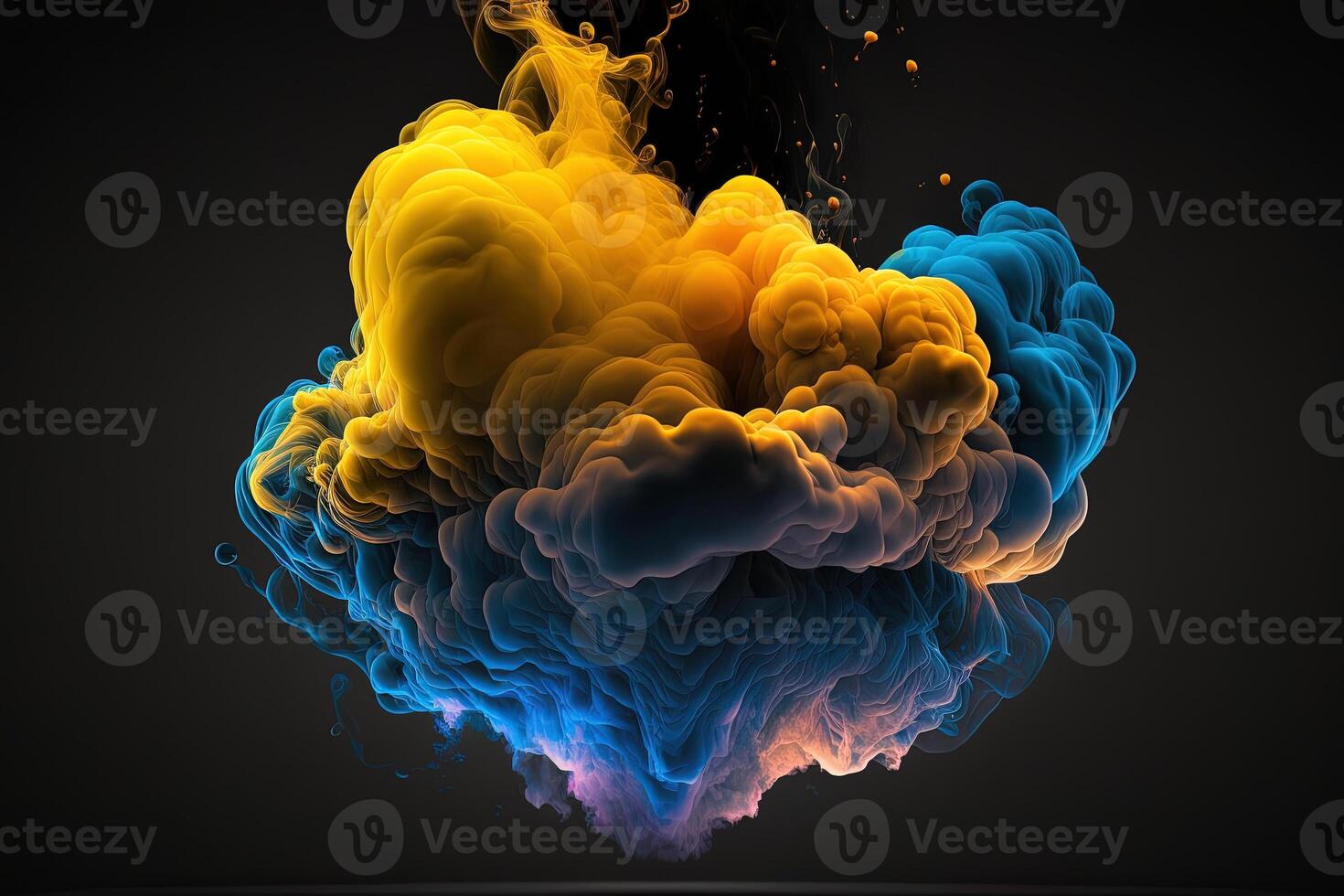 a colorful smoke cloud is shown in this image, it looks like it is floating in the air and is very dark and blue and yellow, with a black background. photo