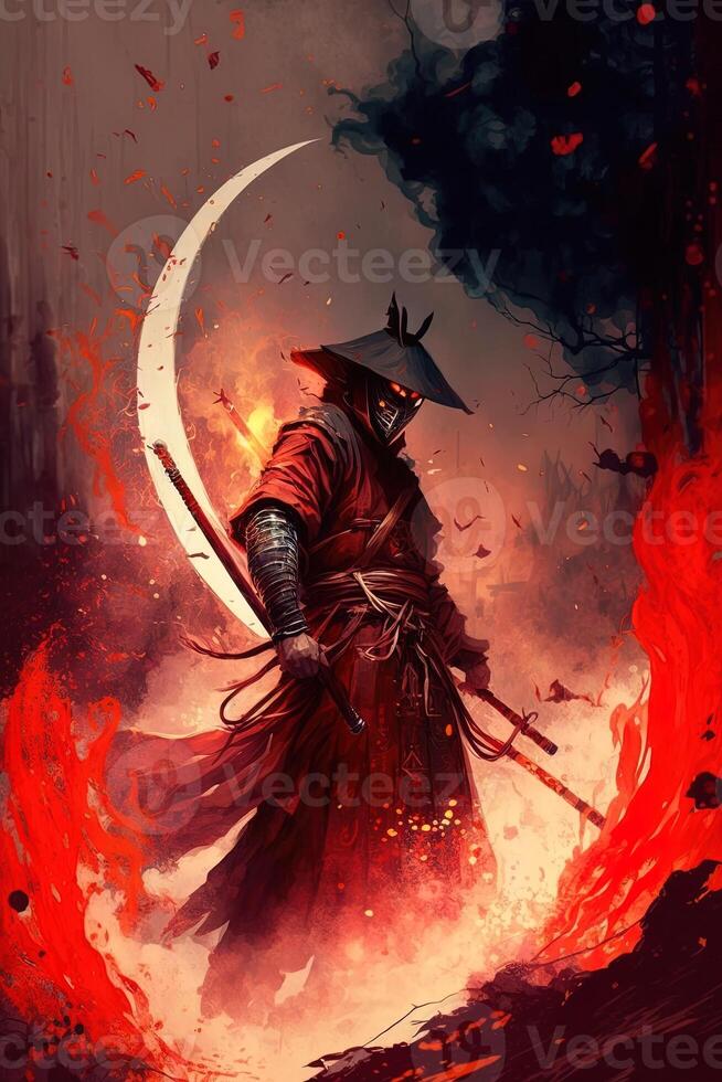 A samurai in a demonic red mask on the battlefield makes a swing with a katana creating a sizzling fire ring around, he is a mystical martial. illustration painting photo