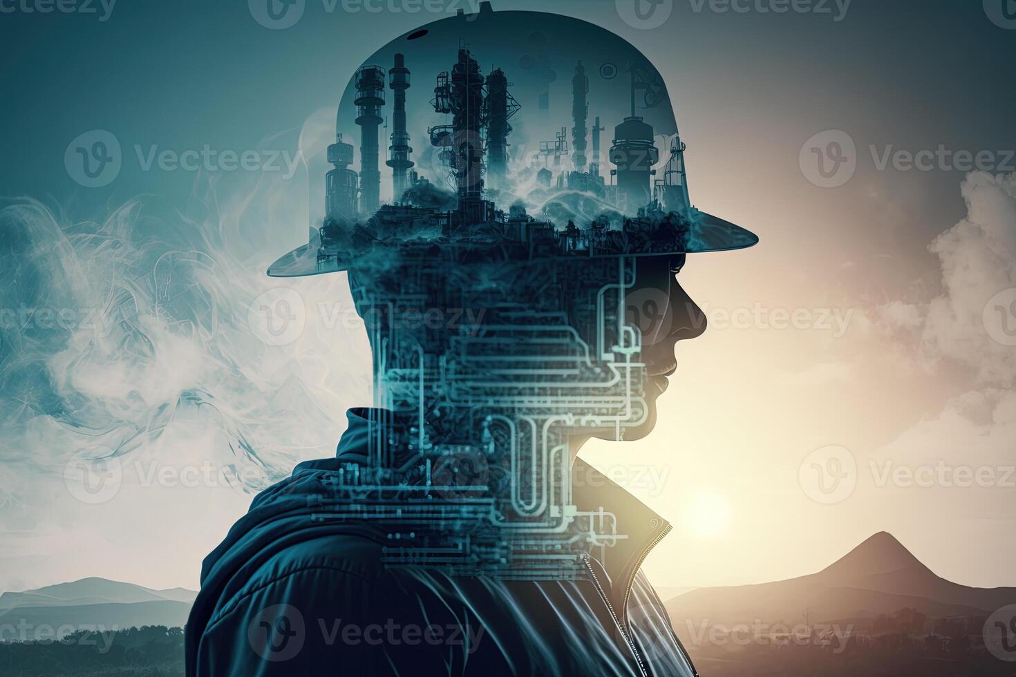 Conceptual graphic design of an energy sector and future manufacturing. With double exposure artwork, an oil, gas, and petrochemical refinery facility demonstrates the future of power. photo