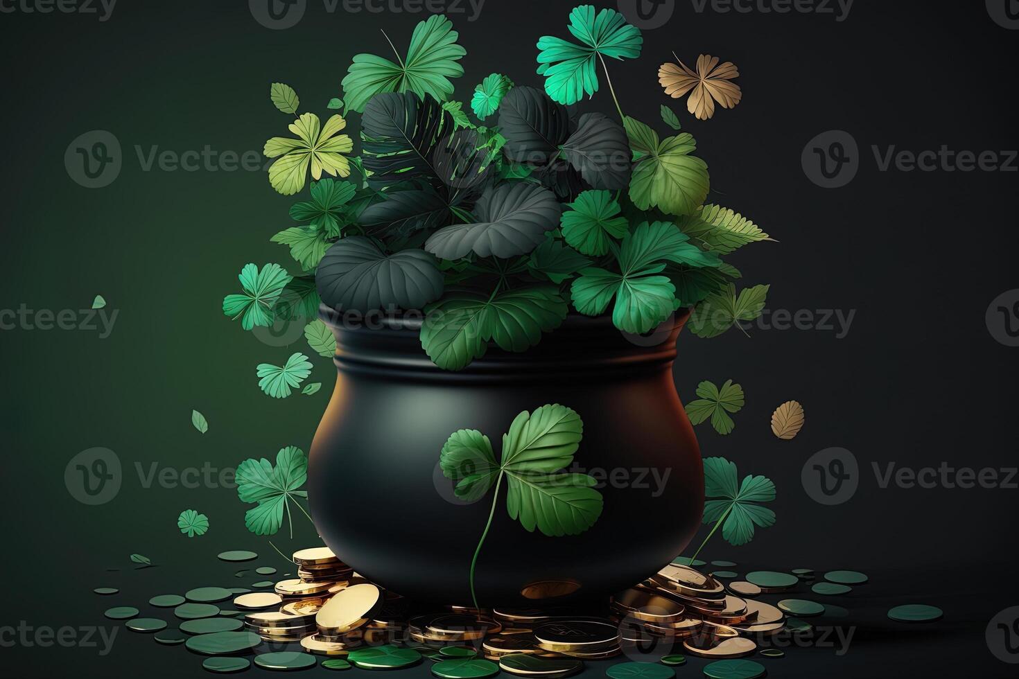 black pot full of gold coins and shamrock leaves. st. patrick's day abstract green background for design, banner, invitation. photo