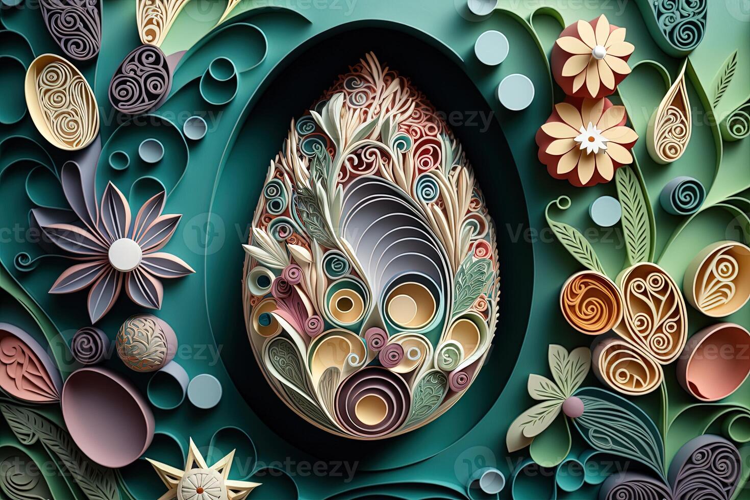 paper cut quilling multi dimensional easter egg in easter celebration, a lot of egg and small rabbit in background. Spring concept. photo