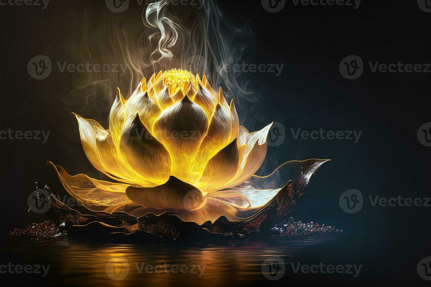 Bright red, yellow lotus flower, burning cloud-like petals, surrounded by magic chaos light, white smoke, falling reflected light, Lotus light with pearls floating on a sparkly background. photo