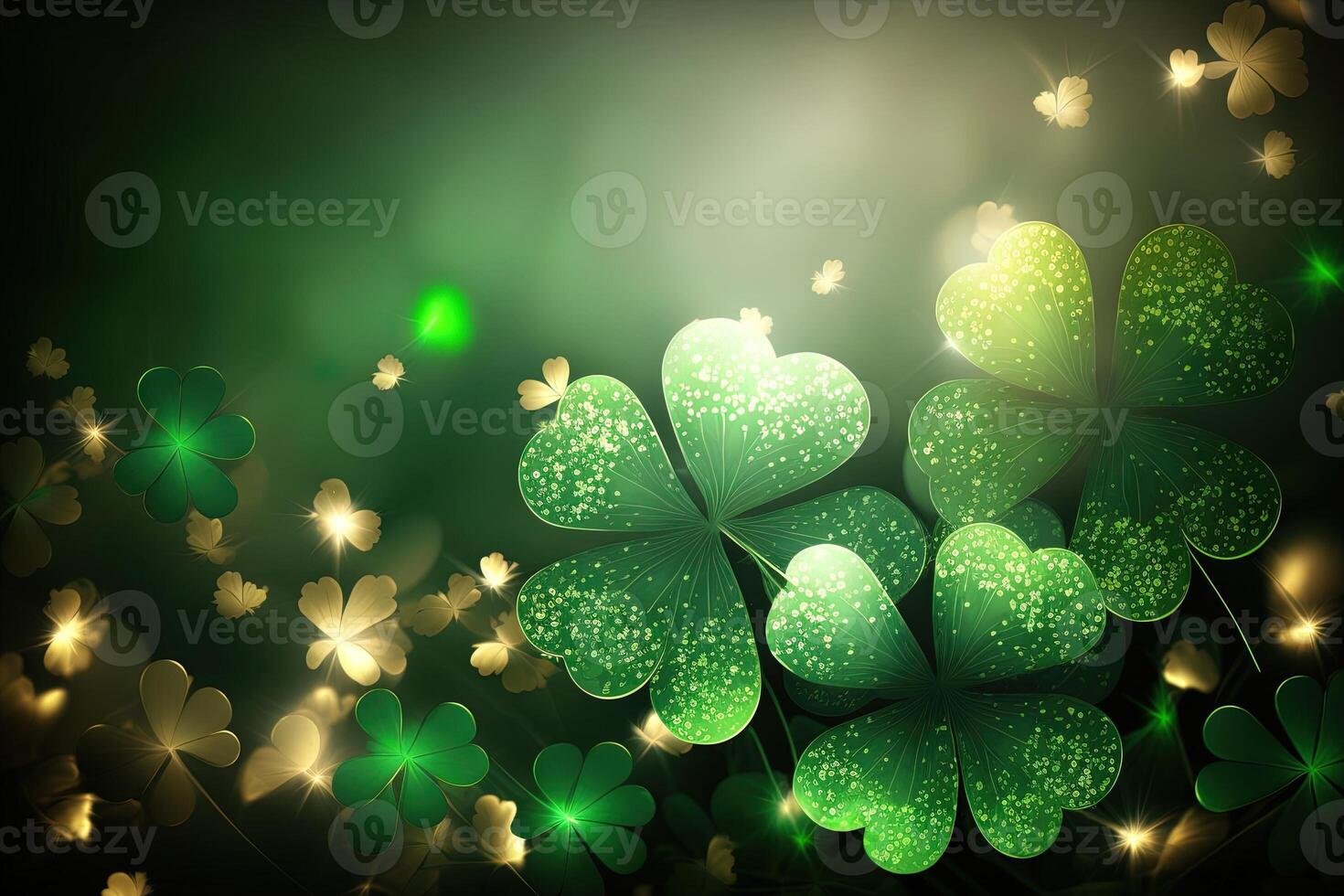 Festive background with shining clover shamrocks and golden bokeh. St. Patrick's Day backdrop. illustration photo