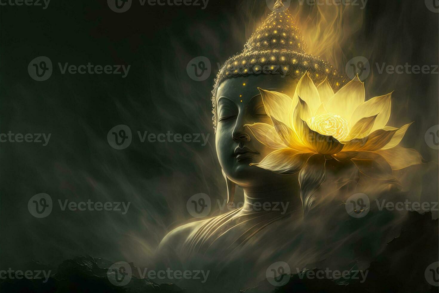 Beautiful light spectrum Buddha's light flashing, Bright red, yellow lotus flower, burning cloud-like petals, surrounded by magic chaos light, white smoke, falling reflected light, water pattern. photo