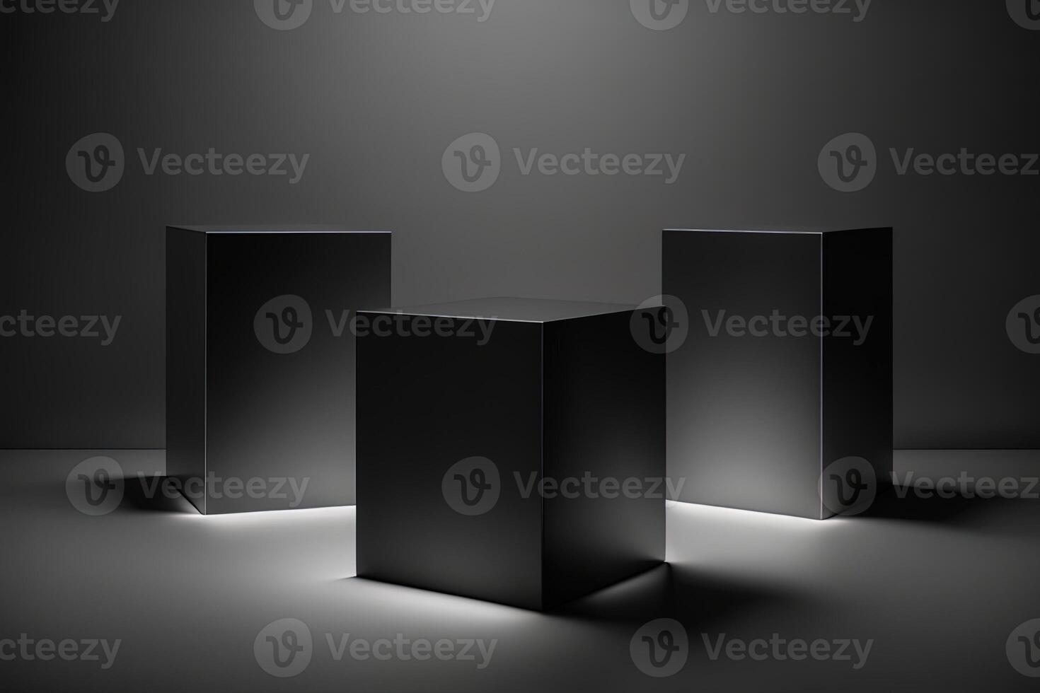 Elegant three black cube stand for product placement mockup. Dark podium exhibition scene background. Minimal box platform showroom with spot light photo