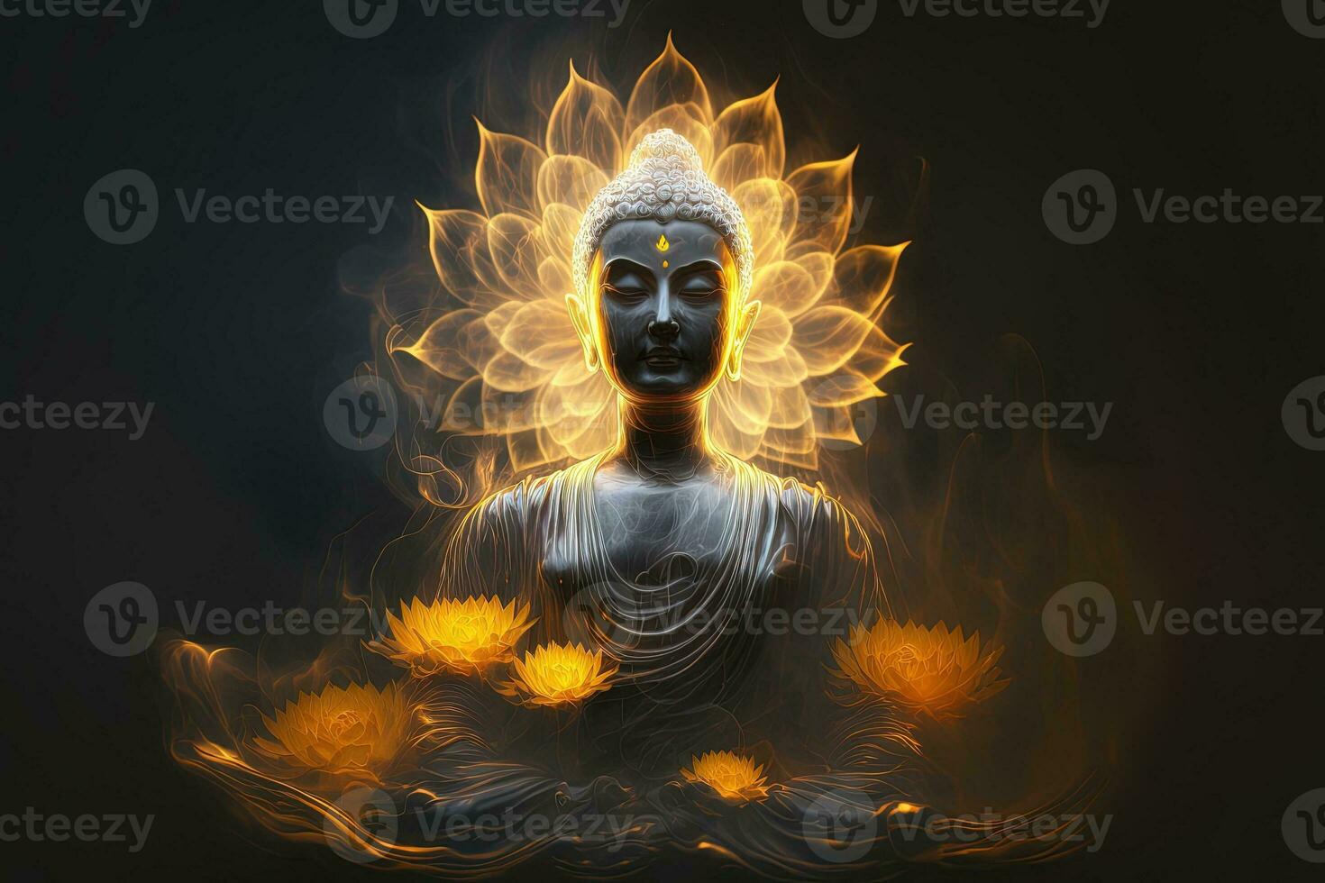 Beautiful light spectrum Buddha's light flashing, Bright red, yellow lotus flower, burning cloud-like petals, surrounded by magic chaos light, white smoke, falling reflected light, water pattern. photo