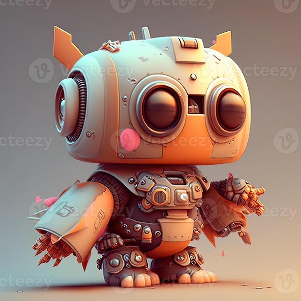 Cute white smiling robotic teen mini unit robot toy gesturing. Cute robot on a white backdrop with a pointing hand and a winking eye. technological idea. photo