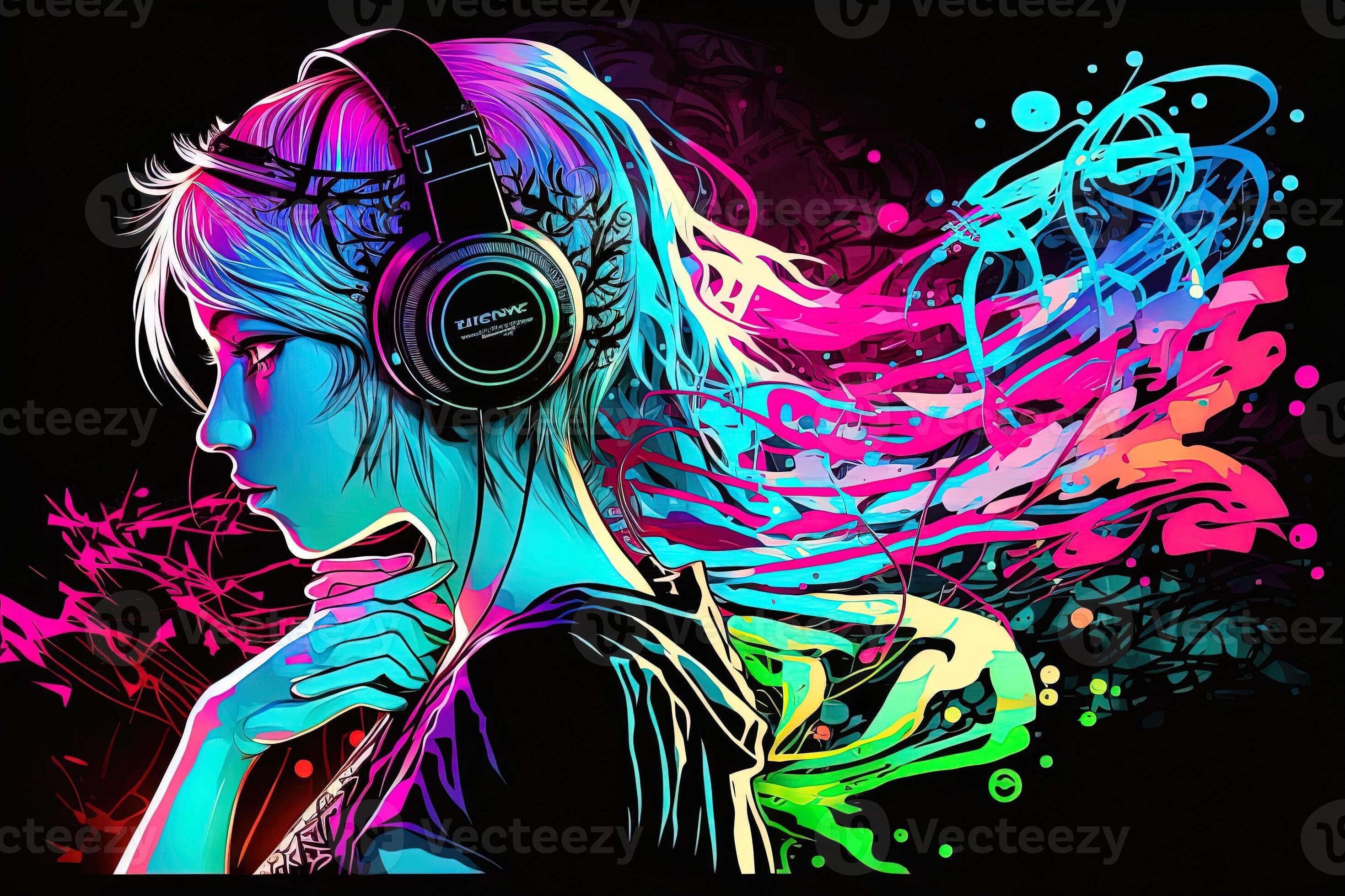 Premium Photo  Generative ai an neon gamer anime fashion boy or man  wearing headphones lost in his music abstract background that evokes the  feeling of different genres of music banner music