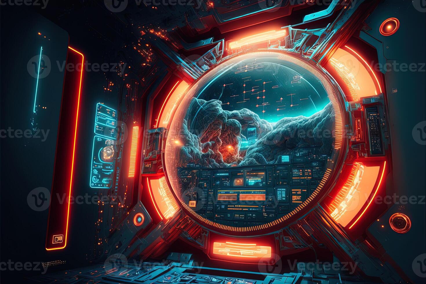 Futuristic navigation system, AR space, floating in the space, flat design, information graphic. Sci-fi space exploration concept. Inside view of the sci-fi cabin of the pilot . photo