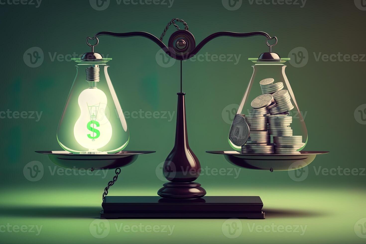 Scales with light bulb on one side and money on the other, concept of ideas and innovation, green background. Digital illustration. photo