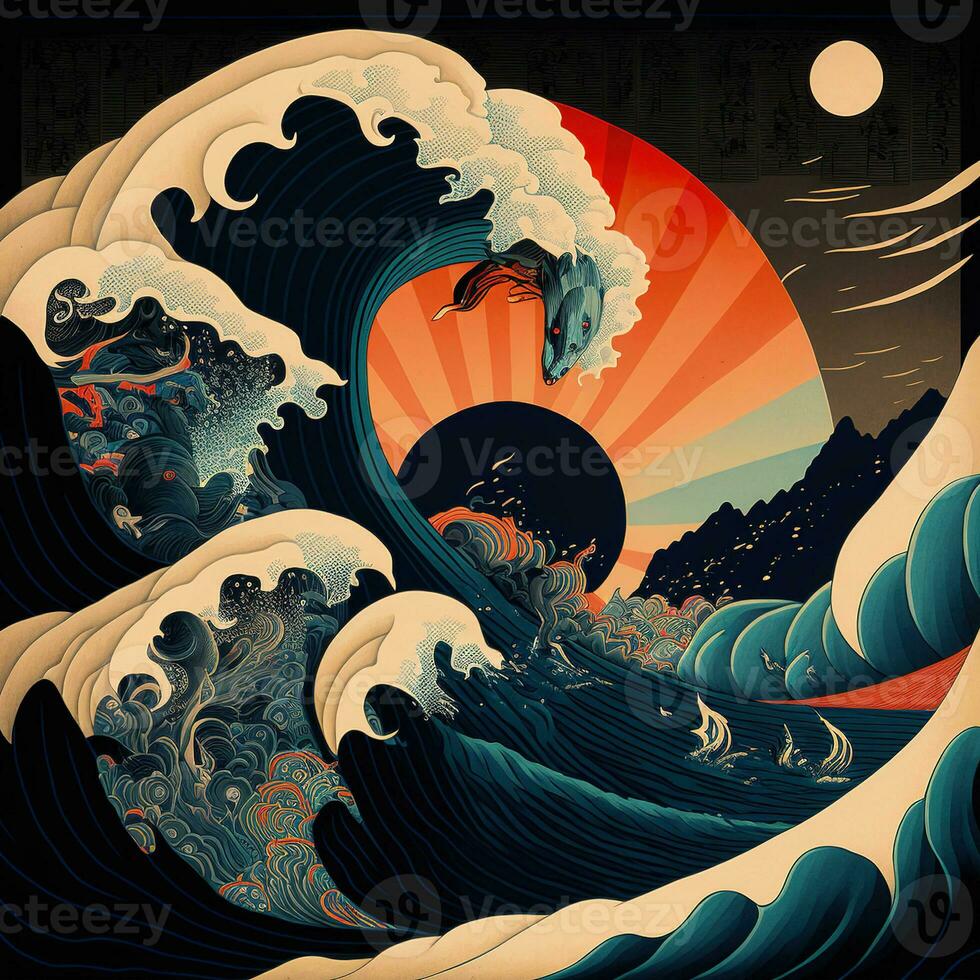 The great wave off kanagawa painting reproduction. Japanese style. Ukiyo-e style painting of the null void changing photo