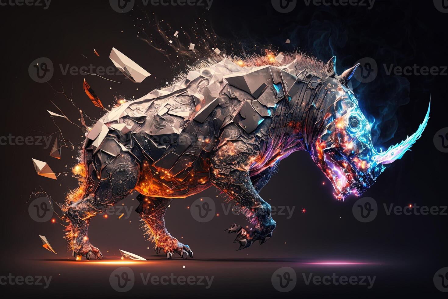 fusion of metal Rhino exploding through fire surrounded by scattered glass shards and debris, cosmic energy photo