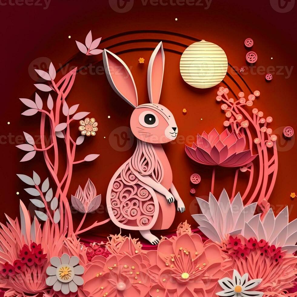 Paper cut quilling multidimensional chinese style cute zodiac rabbit with lanterns, blossom peach flower in background, chinese new year. Lunar new year 2023 concept photo