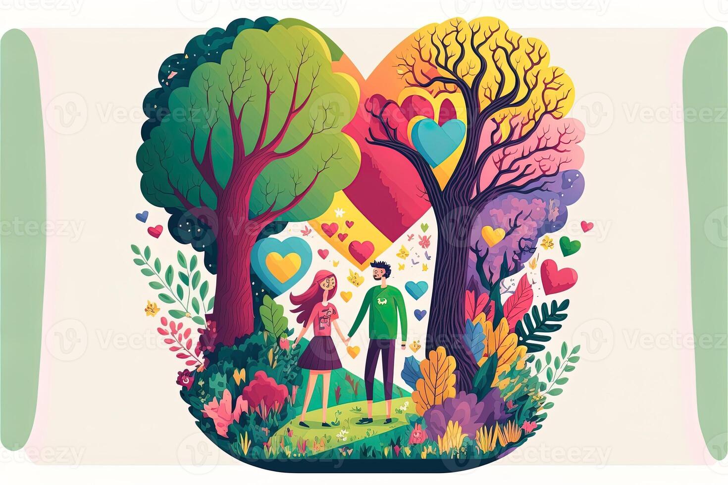 Happy young teenage couple in the park with flowers and trees in background, hybrid valentines day heart, holding heart nature play, acorns, coloured blocks, warm light, rainbow fabric, photo