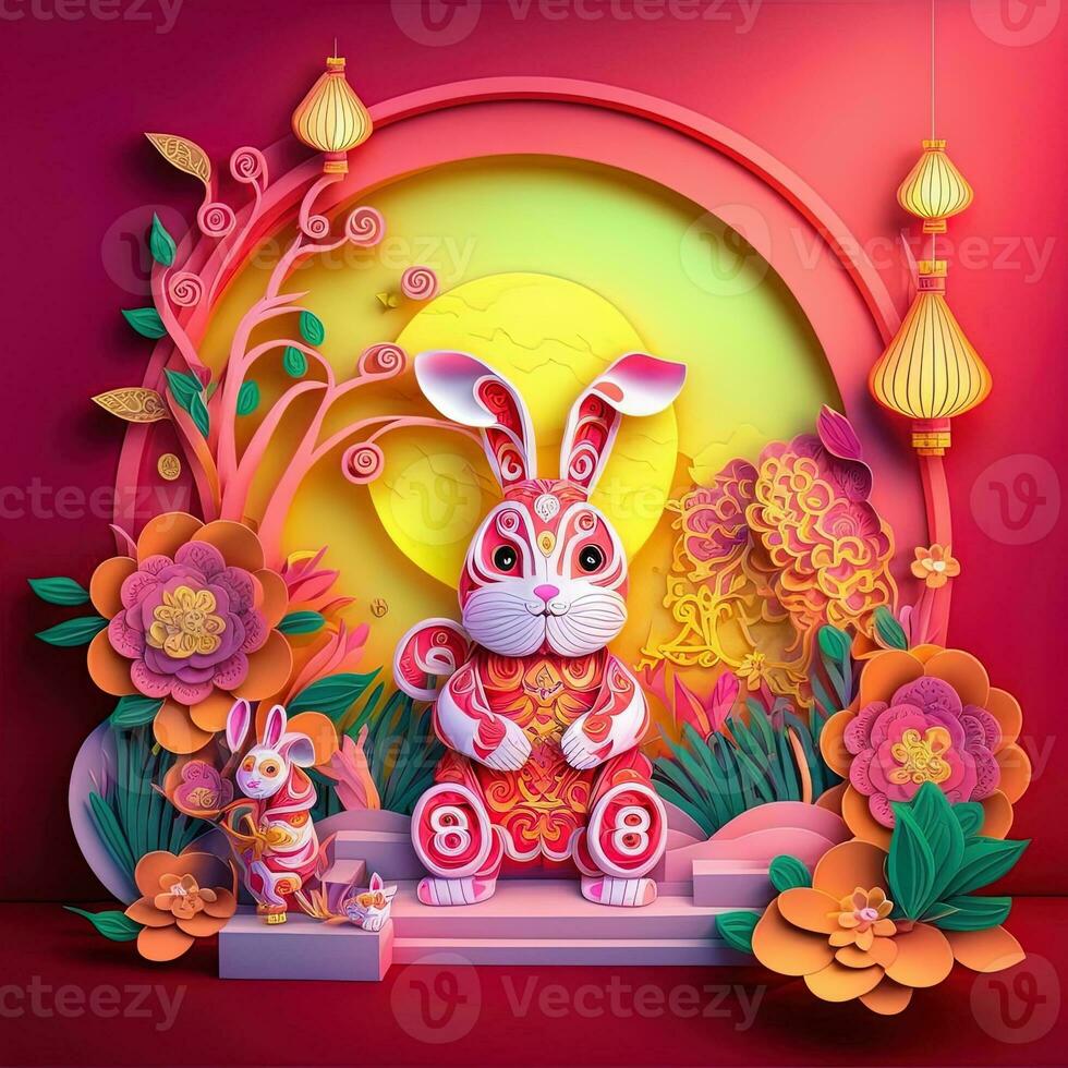 Paper cut quilling multidimensional chinese style cute zodiac rabbit with lanterns, blossom peach flower in background, chinese new year. Lunar new year 2023 concept photo
