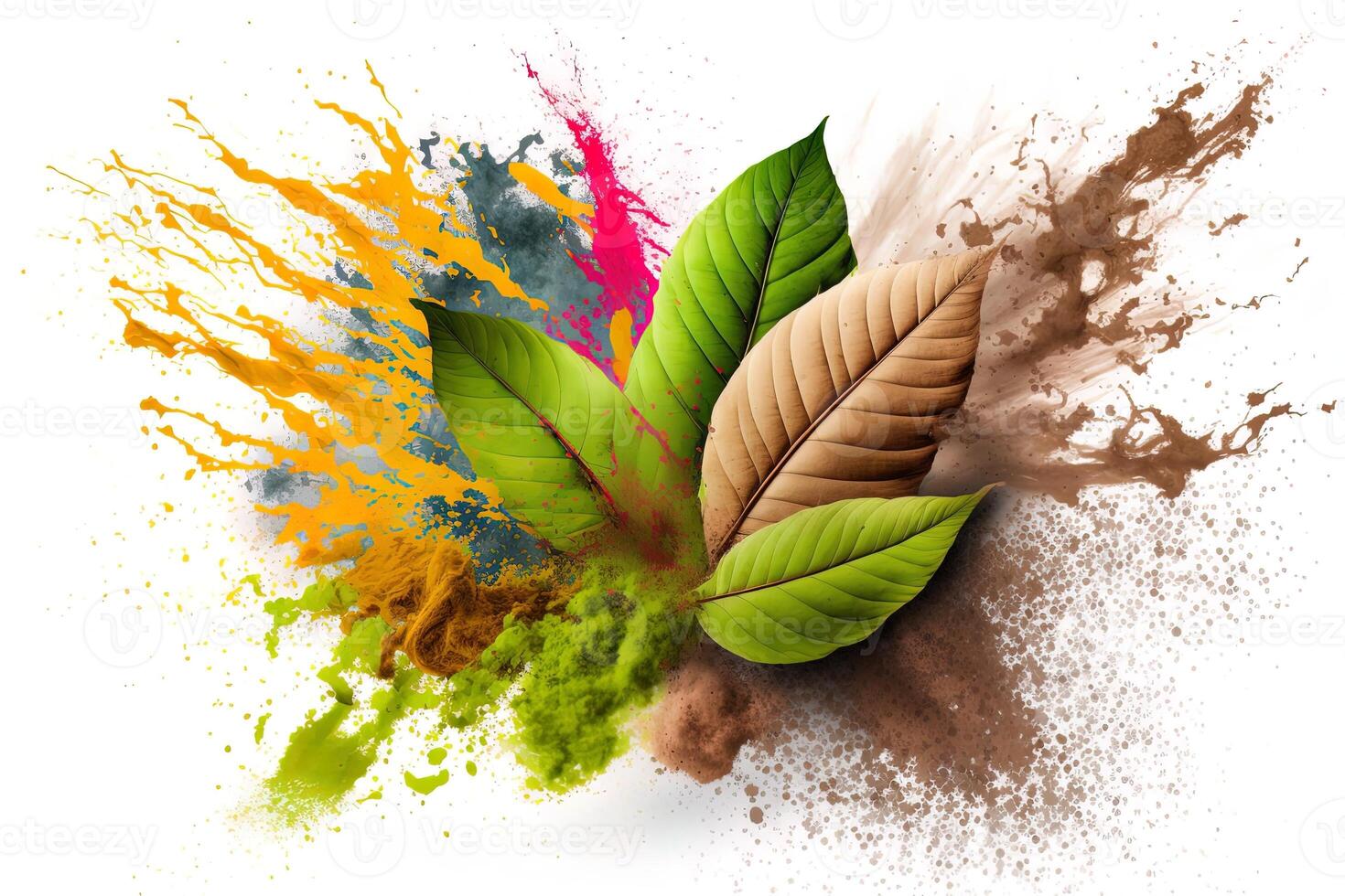 powder flavored explosion white background with kratom leafs mockup for matcha tea. photo