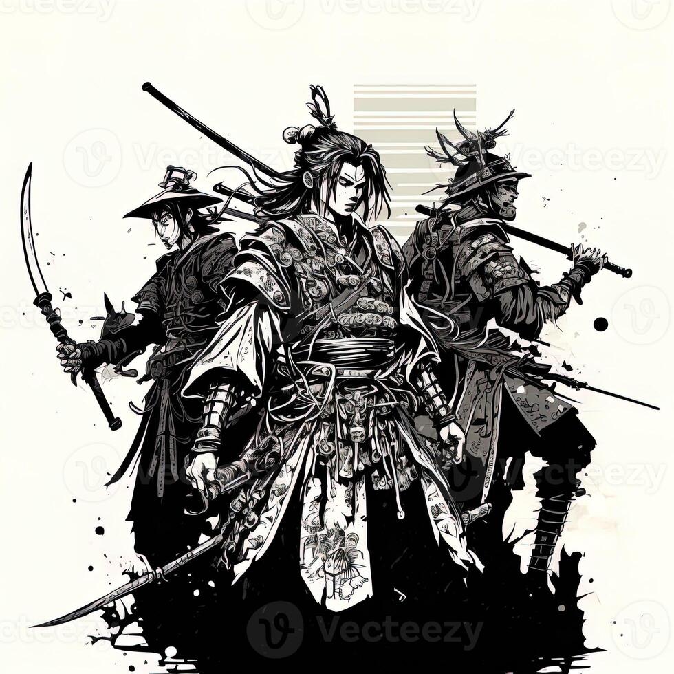 samurai guerrero con katana espada. ronin samurai en contra cinco enemigo rodeado acerca de a luchar, cómic estilo generativo ai foto