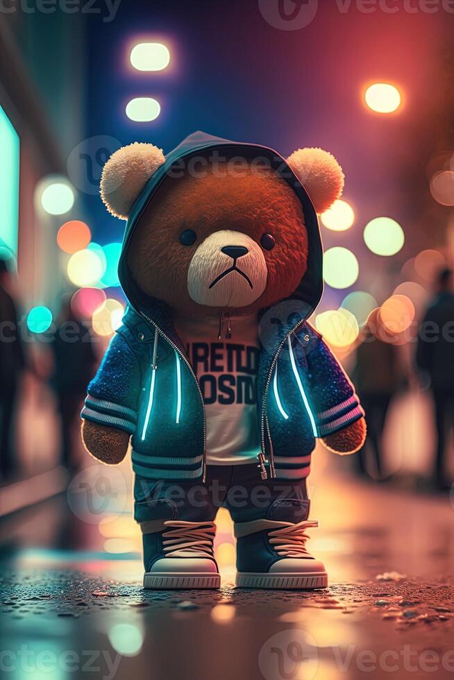 toy cute Bear in clothes jacket and sneakers on street background with neon lighting, photo