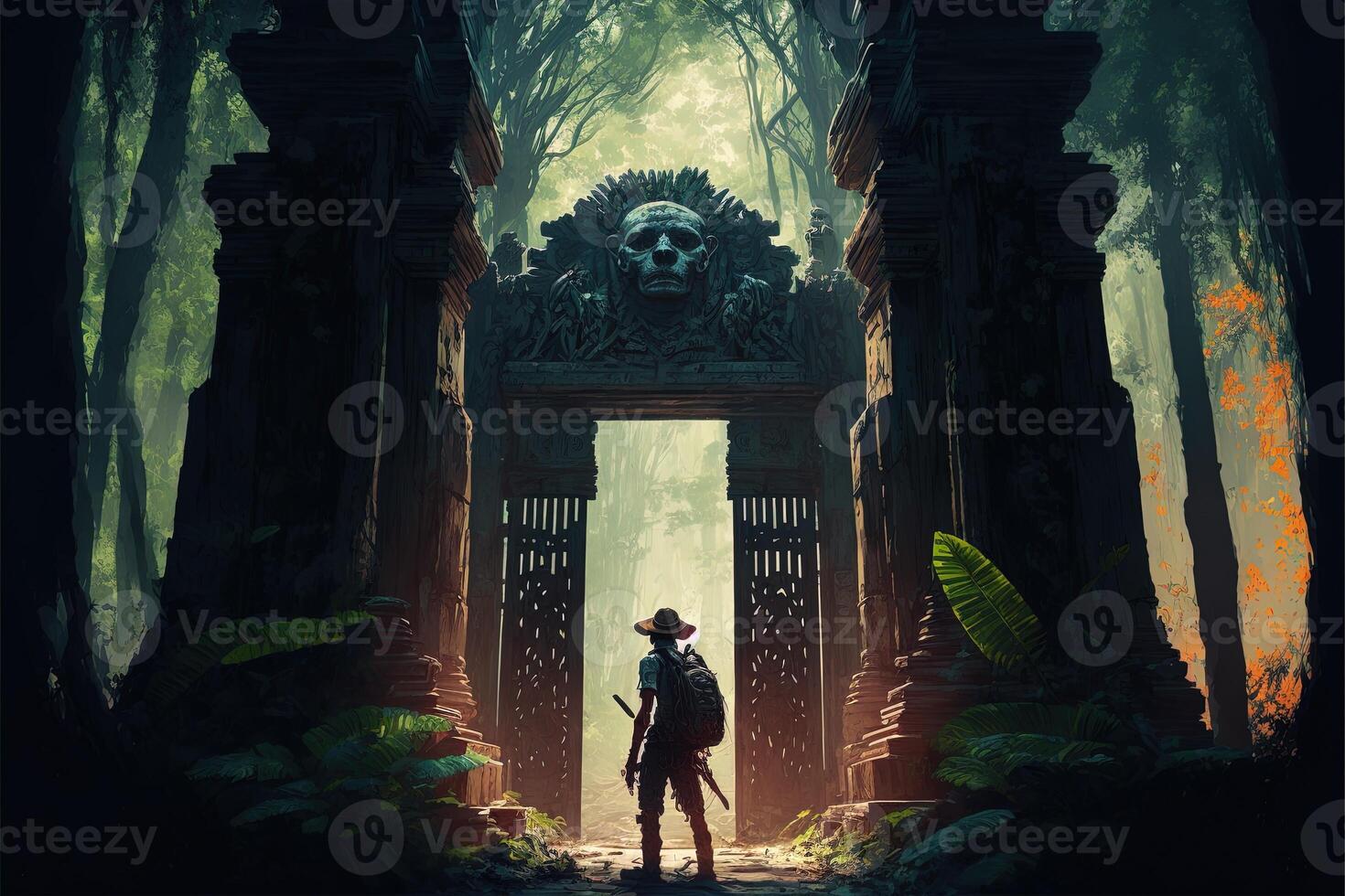 Mayan gate in the forest. . Concept art of an explorer walking in the middle of the jungle through a secret gate. An adventurer in a green tropical rainforest discovering a secret passage photo