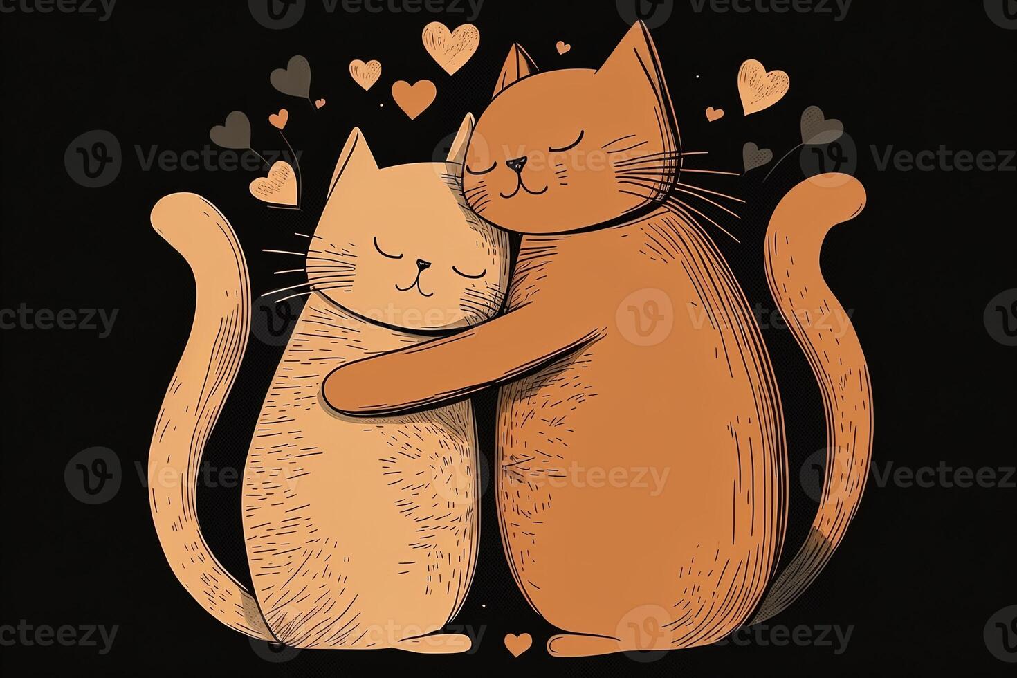 Cat love. Cat couple hugging, cuddling and kissing. Two cute cat kittens in love holding red heart on Valentines Day. photo