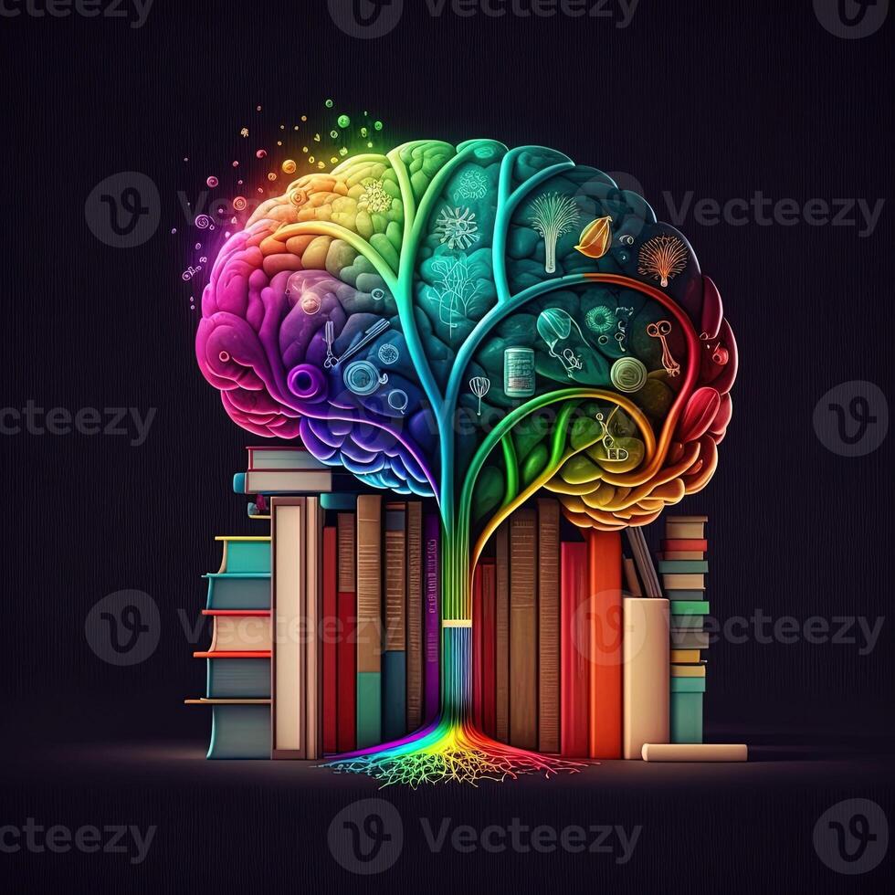 This whimsical image shows a brain with a library inside, its neurons and synapses lit up in a rainbow of joyful colors. A stack of books on a shelf indicates knowledge and learning, photo
