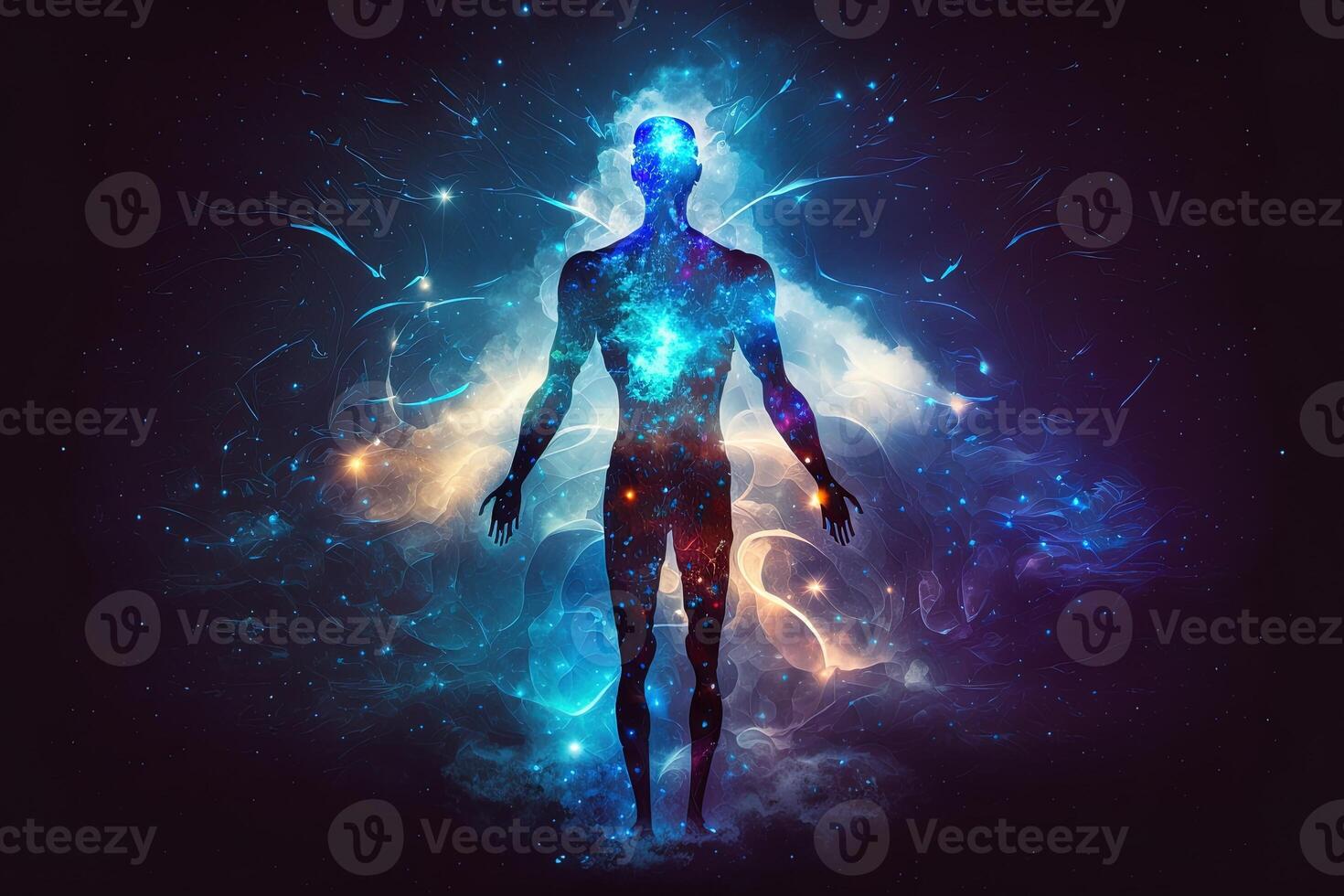 Astral body silhouette with abstract space background. Esoteric, spiritual life and meditation concept. Afterlife and connection with other worlds. Created with photo