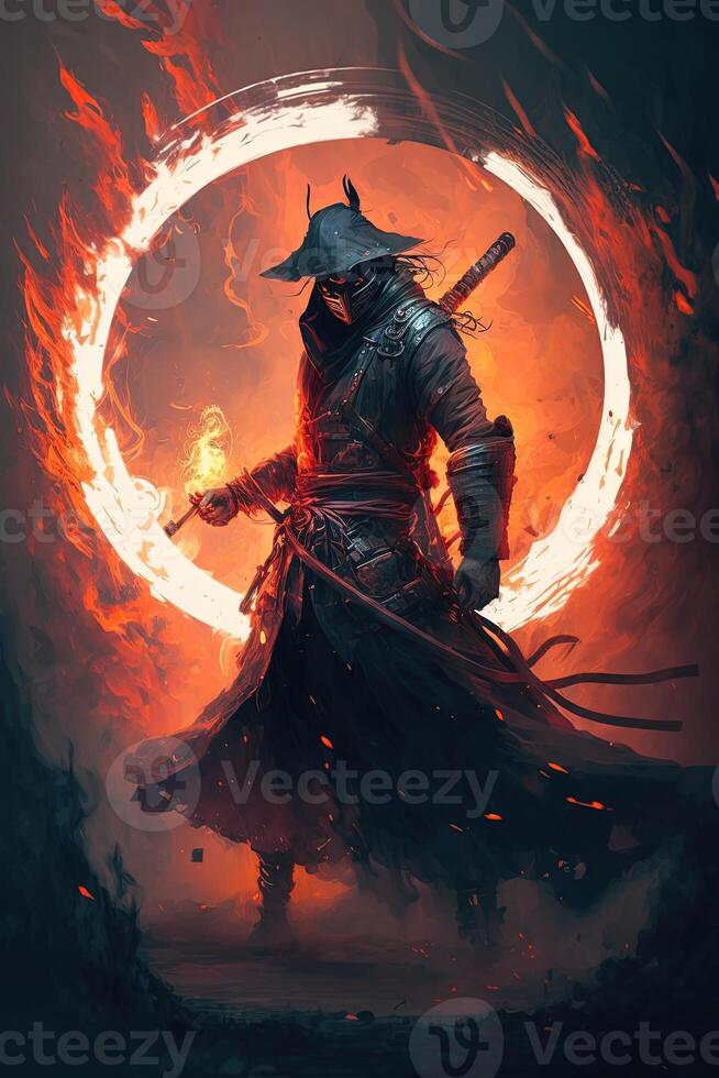 A samurai in a demonic red mask on the battlefield makes a swing with a katana creating a sizzling fire ring around, he is a mystical martial. illustration painting photo