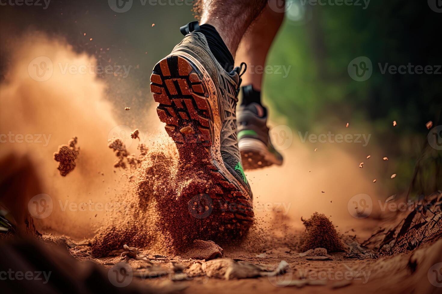 de cerca a el corredor pies es corriendo en el suciedad ruta a el selva, calle y la carretera. sendero corriendo deporte acción y humano desafío concepto. generativo ai foto