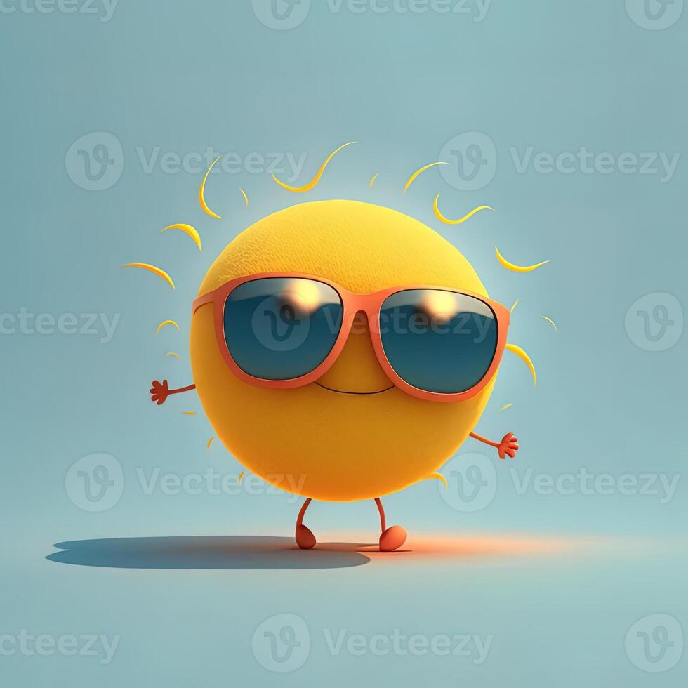 collection of happy, smiling, joyful cartoon style sun characters for summer, vacation design. Cartoon sun character wearing sunglasses. photo