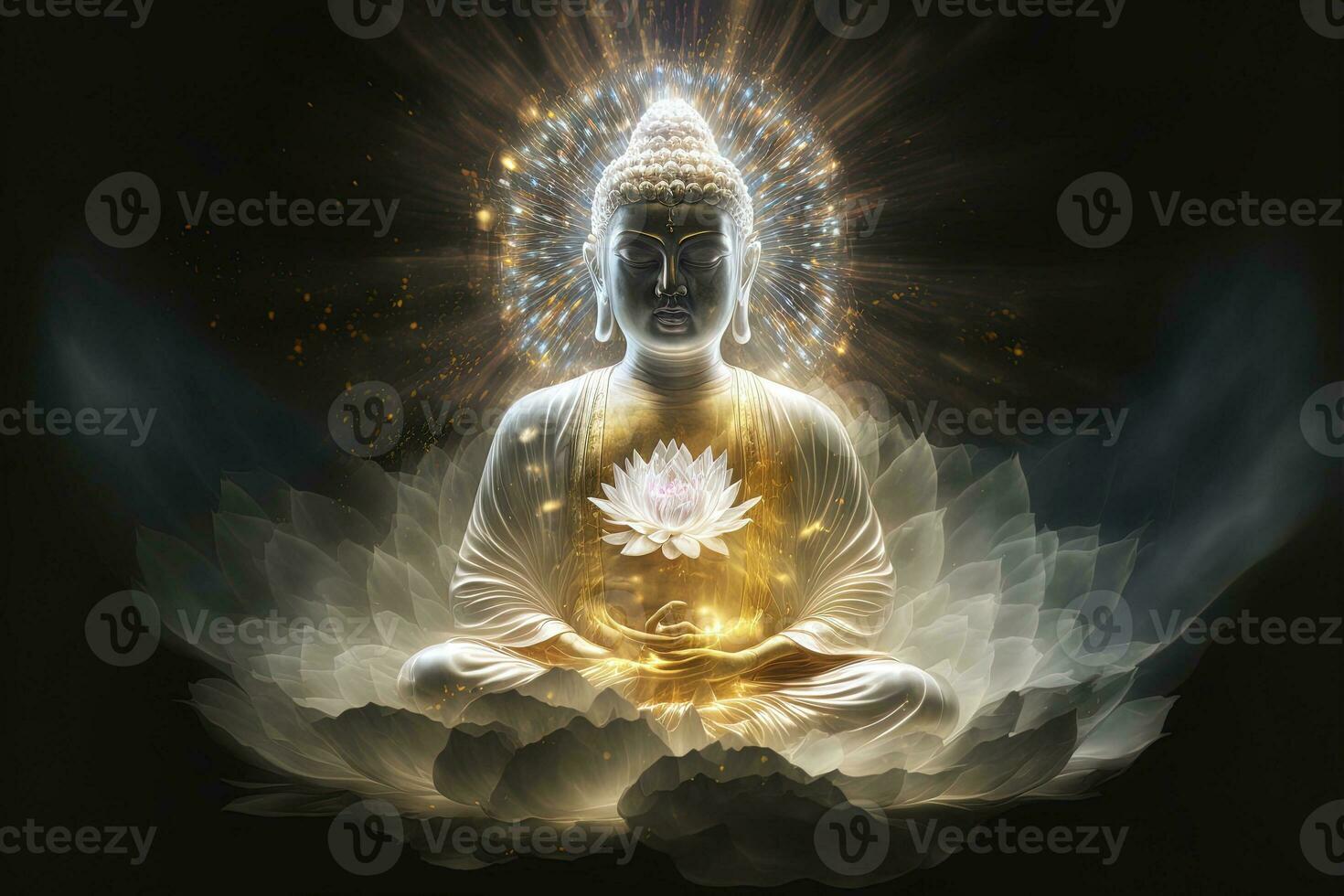 Beautiful light spectrum Buddha's light flashing, Bright red, yellow lotus flower, burning cloud-like petals, surrounded by magic chaos light, white smoke, falling reflected light, water pattern. photo