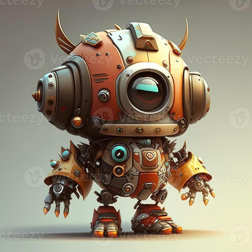 Cute white smiling robotic teen mini unit robot toy gesturing. Cute robot on a white backdrop with a pointing hand and a winking eye. technological idea. photo